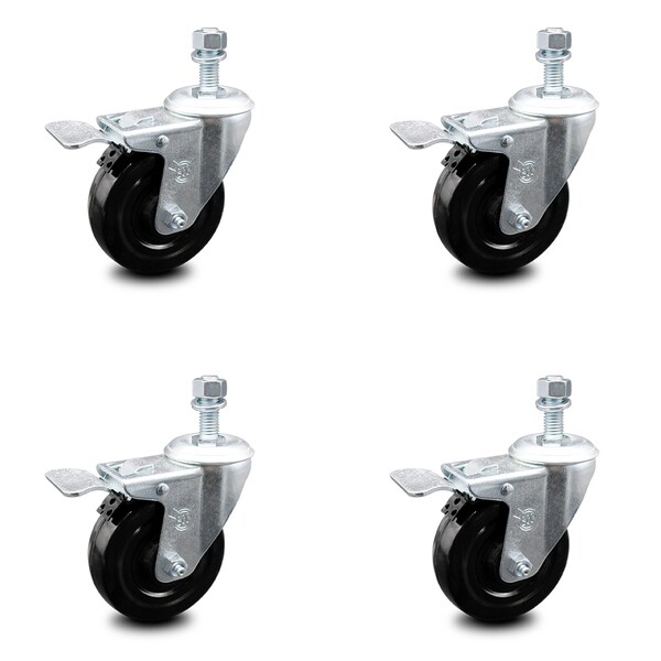 4 Inch Hard Rubber Swivel 1/2 Inch Threaded Stem Caster Set with Total Lock Brake